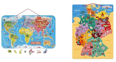 Janod Puzzle Weltkarte - Magnetische Landkarte aus Holz, 92 Teile - 70 x 43 cm & Deutschlandkarte, 79 Teile - Entdecken und Merken für Kinder