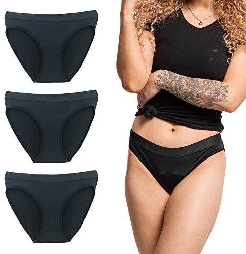 So Sassy Period Panties Bikini-Stil, 3er-Pack, bequem, ultraweich, atmungsaktiv, Spandex, 4-lagig, auslaufsichere Menstruationsunterwäsche, Periodenunterwäsche für Teenager und Frauen, Schwarz , 36