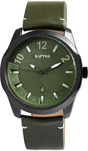 Raptor Charley Herren-Uhr Leder Datum Leuchtzeiger Analog Quarz RA20356 (grün)