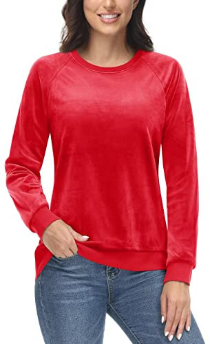 TACVASEN Chemises D'Entraînement en Velours T-Shirt a Manches Longues Femmes Sweat-Shirts Extensibles a Col Rond Rouge Tomate,XXL