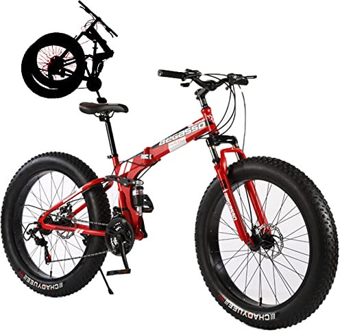 Neumáticos Gordos Fette Reifen Faltrad-Klapprad für Erwachsene Discbremse Faltfahrrad-Herren-Damen 21 Gang Kettenschaltung Folding City Bike Rahmen Aus Kohlenstoffstahl,Red,26inch