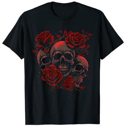 Red Roses With A Skull Floral Flower T-Shirt