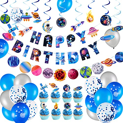 EASY JOY Weltraum Geburtstag Deko, 74er-Set Planet Luftballons Luftschlangen Happy Birthday Banner Girlande Kuchendeko Sonnensystem Space Astronauten für Jungen Kindergeburtstag Geburtstag