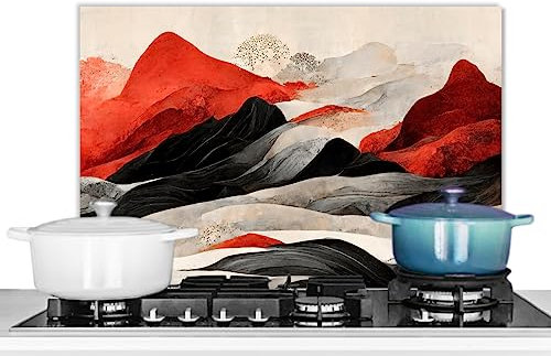 KitchenYeah© Fond de Hotte 60x40 cm Aluminium Crédence Cuisine Décoration Murale Crédence Plaque de Cuisson Anti Projection Art - Montagne - Rouge - Blanc - Noir