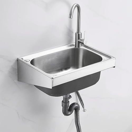 Edelstahl Spülbecken Kommerzielles Einzelbecken-Waschbecken,Wandmontage Ausgussbecken Mit heißem und kaltem Wasserhahn,Haushaltsspülbecken,Für Bar Küche Restaurant (53x38cm)