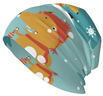 MUMICO Beanie-Mütze mit Füchsen, Tannenbäumen, Schnee, Wintermuster, Totenkopf-Mütze, für Herren und Damen, Fahrrad-Hartschale, Helmfutter, mehrfarbig, Einheitsgröße