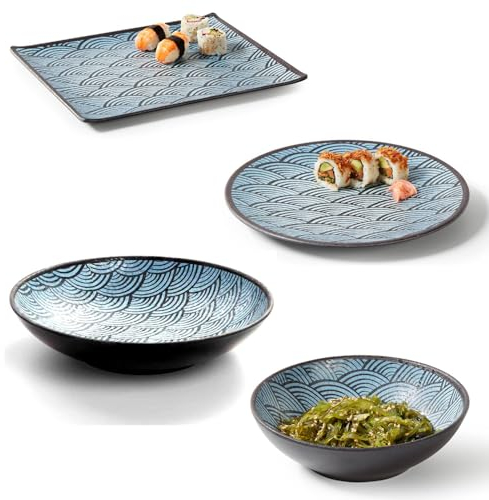 MBH - Vajilla SUSHI. Juego de platos de melamina para 4 personas. Set de vajilla profesional de 16 piezas especial para SUSHI. Ligera e indeformable.
