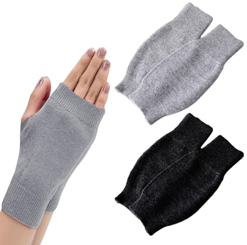 SLEEKEE 2 Paar Fingerlose Kaschmir-Handschuhe, Thermo-Strick-Handgelenkhandschuhe, Winterwarme Halbfinger-Handschuhe, Kaschmir-Thermohandschuhe, Schwarze Und Hellgraue Handschuhe Mit Daumenlöchern