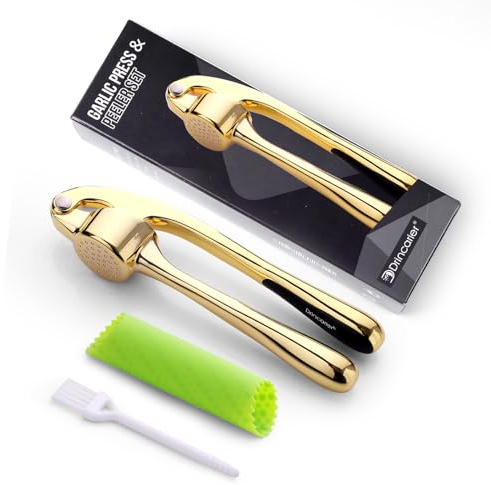 Drincarier Premium Garlic Press, Professional Garlic Mincer, Easy to Squeeze and Clean, Rust Proof & Dishwasher Safe, Efficient Ginger Crusher- Gold, Gold Garlic presss01