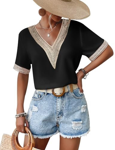 Yuson Girl Camicia Donna - Maglietta Chiffon Donna Manica Corta con Bordi in Pizzo Estiva Camicetta con Scollo a V Elegante Blusa Top Tinta Unita Shirt Classico Bluse Casual Maglia(Nero, M)