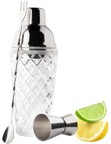 Taylor's Eye Witness Taproom 3pcs Silver Stainless-Steel & Glass Debossed Pattern Cocktail Shaker Set - Includes 400ml (14fl oz) Metal Cobbler Shaker, 25ml/40ml Double Jigger & Mixing Spoon.