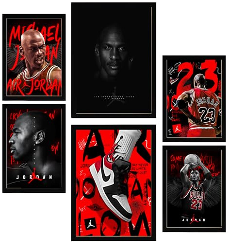 Nacnic 6er-Set Ikonisches Jordan Grafiiti Rot und Schwarz Gerahmtes Poster mit Design-Illustrationen zur Dekoration der Wände Ihres Zuhause Zimmer Büro Laden Malerei im A3 & A4 Schwarzer Rahmen