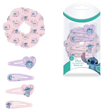 Lot de 4 épingles à cheveux et 1 chouchou en tissu Stitch - Couleur rose et lilas - Fabriquées avec des matériaux résistants - Imprimé inspiré du Stitch - Produit original conçu en Espagne