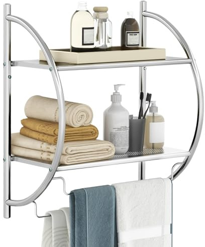 GIANTEX Porta Asciugamani Bagno da Parete, Mensola Bagno Doccia, Montaggio a Parete, con 2 Ripiani e 2 Portasciugamani, per Asciugamani, Antiruggine，45x25,5x55 cm (Argento)