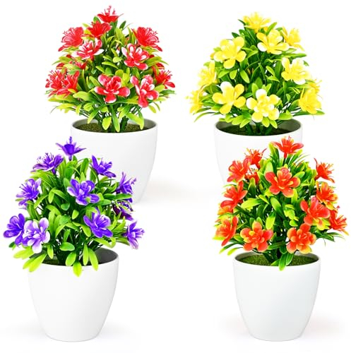 4 Stück Künstliche Blumen, Kunstblumen im Topf Mini Kunstpflanze, Pflanzen Wie Echt im Topf für Tischdeko, Innen- und Außenbereich Deko, Garten, Cafe, Büro