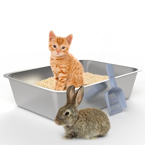 Bandeja de arena de acero inoxidable para gatos, caja de arena grande de cara alta para todos los gatos, conejos, nunca absorbe olores, superficie antiadherente, parte inferior de goma antideslizante,