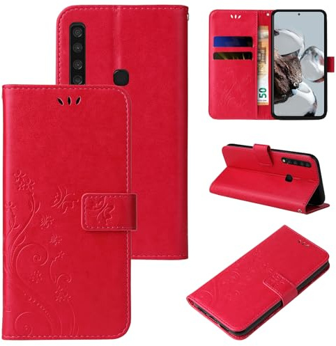 LBH Handy Hülle für Samsung Galaxy A9 Case Handytasche Schmetterling Blumen Flower Standfunktion Schutzhülle Magnet Rundum Schutz 360 Grad Flipcase Cover Rot