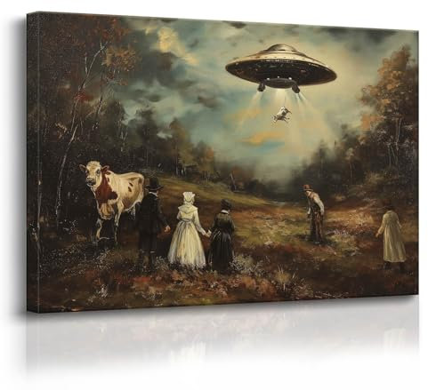 Godont Ufo und viktorianische Landschaft, Ölgemälde, Kunstdruck, psychedelisches Raumschiff, Poster, Gemälde, interessante skurrile Alien-Entführung, Wanddekoration, 40,6 x 61 cm, ungerahmt