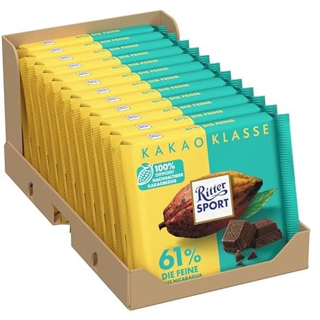 Ritter Sport 61% Nicaragua - Die Feine, Zartbitterschokolade mit edlem Kakao-Geschmack, Schokoladen-Klassiker zum Teilen mit Freunden, 12 x 100g Tafeln