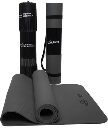 Jim24 Yogamatte 185 x 60 x 0,6 cm - Extra Dicke rutschfeste TPE Fitnessmatte - Langlebig und umweltfreundlich - Für Pilates, Yoga und Gymnastik - Inklusive Tragetasche und Gürtel (Grau)