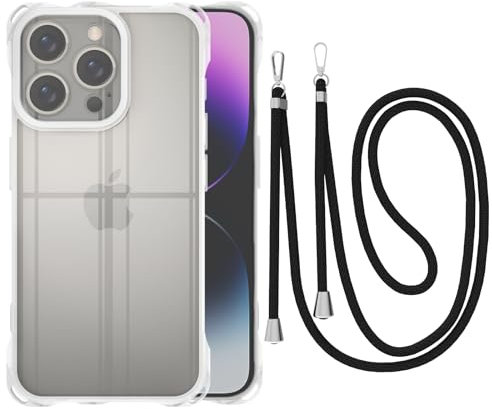 CAROKI Crossbody Case iPhone 14 Pro,Necklace Mobile Phone Cover with Cord Strap,Clear Transparent TPU Soft iPhone Cover Holder with Neck Cord Lanyard Strap for iPhone 14 Pro-Black