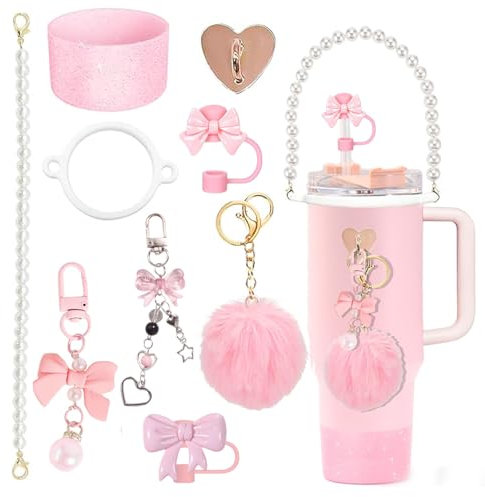 Stanley Cup Accessories Set 9 Pcs Stanley Cup Charms Includes Water Bottle Handle Strap, Shiny Stanley Cup Boot, Siliocne Straw Cover, Stanley Cup Decor for Stanley Cup 40oz & 30oz Tumbler Pink