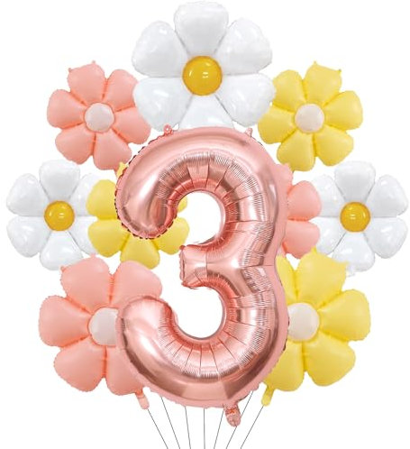 Geburtstagsdeko 3 Jahr Mädchen mit Gänseblümchen Folienballon, Deko 3. Geburtstag Mädchen Junge, Rosegold Luftballon 3. Geburtstag Deko Set mit Zahl 3 Ballon, Erster Geburtstage Mädchen Deko Geschenk