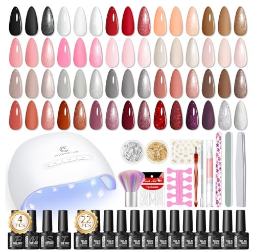PEACECOLOR 44 PCS Kit Ongle Gel UV Complet avec Lampe U V, 22PCS Vernis Semi Permanent avec 4pcs Base Top Coat Brillant Mat et Glitter,Kit de Manucure pour Débutant
