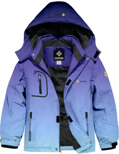 GEMYSE Veste de Ski pour Garçon Enfant Manteau Hiver Chaud Imperméable Coupe-Vent Blouson avec Capuche et Polaire(Étoilée Bleue,152-158)