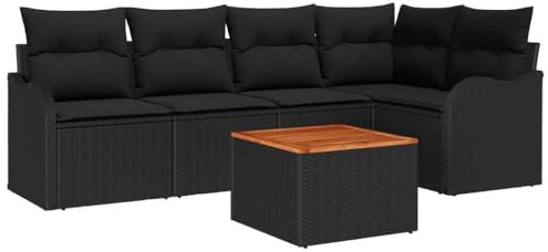 vidaXL 6-teiliges Garten-Sofa-Set mit Kissen in Schwarz, aus Poly-Rattan und solidem Akazienholz, ideal für draußen. Modular, perfekt für die Terrasse oder den Patio.