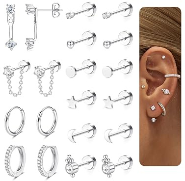 Chriscoco 10Paar Ohrringe Set Silber Chirurgenstahl Ohrringe Damen Medizinische Ohrstecker Creolen Silber Hypoallergene Piercing Ohr Knorpel Tragus Helix Piercings