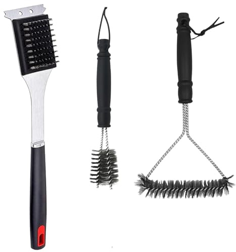 Fyfjur 3 Piezas Cepillo Barbacoa Acero Inoxidable, 39.2CM Aislamiento Térmico Mango Largo Cepillo de Alambre, Fácilmente Eficiente Kit de Limpieza para Barbacoa con Raspador