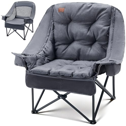 EVER ADVANCED 2-in-1 Oversized Camping Chair with 6cm Removable Cushion | Heavy Duty Folding Chair, Padded, Cooler Bag, 180kg Capacity, Cup Holder, Side Pocket for Fishing, Garden, Grey