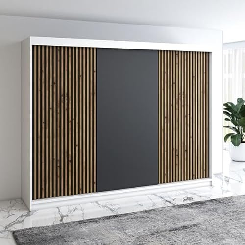 A&J MöbelLand Schwebetürenschrank IOSA Kleiderschrank 3-türig mit 4 Schubladen & 3D Lamellen, Garderobe 200 cm (Weiß/Schwarz/Schwarz/Schwarz)