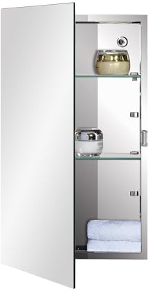 Fundin Badezimmer-Spiegelschrank mit Einzeltür, verstellbaren Sicherheitsglas-Regalen, Aufputzmontage, 30 cm Breite x 50 cm Höhe, spiegelnd Finish
