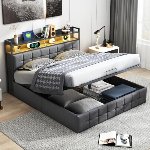MISNODE Boxspringbett 140 x 200 cm, Doppelbett mit LED-Lichtern, Gepolsterte Bettstruktur mit Kopfteil aus Leinen für Erwachsene und Jugendliche, hydraulisches Heben, Grau (Grau-A,140 x 200 cm)