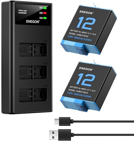 ENEGON Hero 12 11 10 9 Battery 1800mAh 2 Pack Rechargeable Li-Ion Battery and Dual Smart LCD Port Charger for Gopro Hero 12 11 10 9 Black Action Camera Battery Chargers