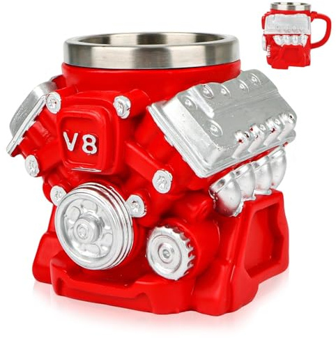 V8 Tasse à café à moteur avec design détaillé du moteur - Tasse créative pour café et boissons au lait - Cadeau pour homme et papa - Rouge