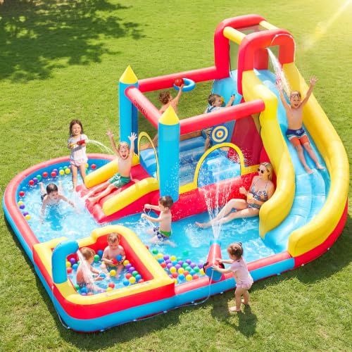 GYMMALL Château Gonflable pour Enfants, 9-en-1 avec Souffleur 480W, Long Toboggan, Mur d'escalade, Trampoline et Pataugeoire, idéal pour Les Loisirs intérieurs et extérieurs en Vacances