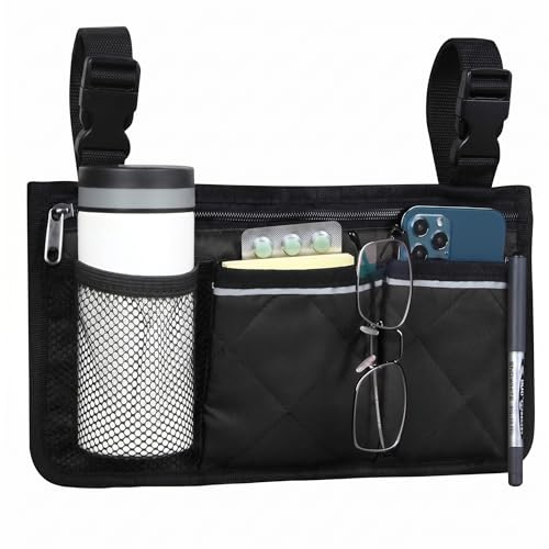 wilcractk Bolsa de Almacenamiento para Silla de Ruedas, Bolsa para reposabrazos con portavasos y Banda Reflectante, Tejido Impermeable, para la mayoría de sillas de Ruedas (Negro)
