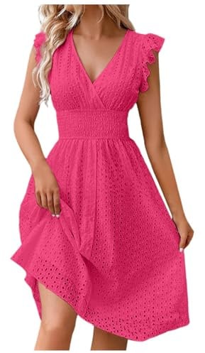 JISOUKIN Robe Ete Boheme D'été Robe Plage Courte sans Manches Vetement Femme Fluide Col V Taille Haute Summer Dress S-XXL