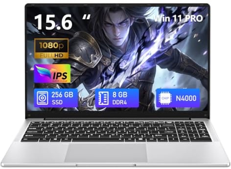 15,6 Pollici PC Portatile, Win 11 Notebook Celeron N4000 CPU, Laptop 8Go LPDDR4 256Go SSD, Computer Portatile sottile e leggero schermo FHD 180° WiFi5 BT4.2 Mini-HDMI 2*USB3.0 Espansione SSD 1TB