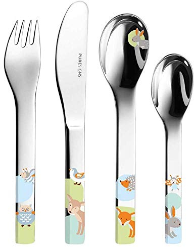 Kinderbesteck Woody MIT Gravur (z.B. Namen) 4tlg. von Puresigns inkl. Namensgravur auf der Rückseite, Taufgeschenke für Mädchen & Jungen Geschenk zur Taufe Waldtiere