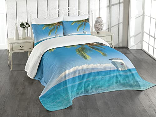 ABAKUHAUS Nautisch Tagesdecke Set, Kreuzfahrtschiff Palme, Set mit Kissenbezug Romantischer Stil, für Einzelbetten 170 x 220 cm, Türkis Grün