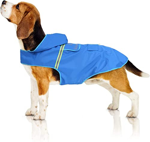 Bella & Balu Impermeabile Cane - Cappotto impermeabile per cani con cappuccio e catarifrangenti per protezione dal freddo, pioggia e neve in inverno e in vacanza. (M| Blu)
