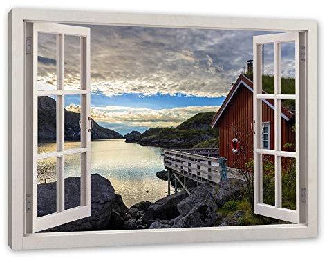 Pixxprint Sonnenaufgang am Fjord Norwegens, Fenster, Größe: 100x70cm, Leinwandbild, fertig gespannt, Wandbild, Dekoration, Kunstdruck, kein Poster