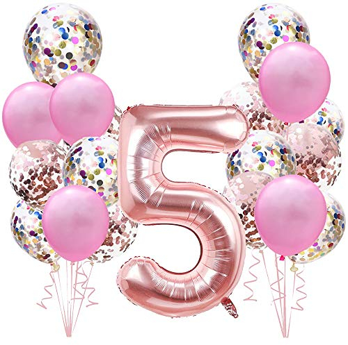 Geburtstagsdeko Rose Gold für 5.Mädchen Set: Riesen Roségold Helium Folienballons Zahl 5 (Zahlen 100cm)& Rosa Ballon & Konfetti Luftballons für 5 Jahre Kinder Junge Tochter Geburtstag Party Dekoration