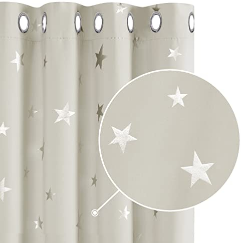 Deconovo gardinen Verdunkelung für Schlafzimmer Kälteschutz Thermo Vorhänge mit Ösen Vorhänge mit Muster Sterne, 240x140 cm(HöhexBreite), Hellbeige, 2er Set