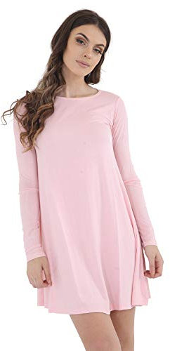 NC Limited Women's Ladies Girls Swing Dress *Long Sleeve* Tops T-Shirts Skater Dresses Vest Crew Neck Top Sizes 8-26 (Baby Pink, 2XL)