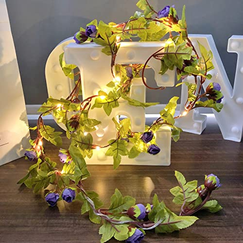 Riaxuebiy Künstliche Rose Blumen Lichterketten 20 LED Blumen Reben Girlande Fee Lampe Kranz USB Angetrieben für Weihnachten Hochzeitsfeier Dekoration (Lila)